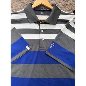 RLX Ralph Lauren Golf Polo Shirt Striped Gray Blue White‎ Mens Size XL Wicking